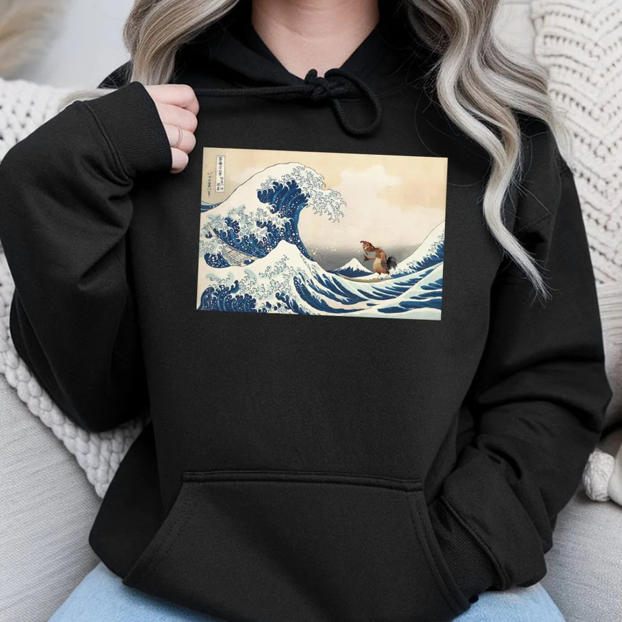 Japanese Art Wave Chicken Hoodie | Funny Rooster Surfing Graphic | Premium Cotton Blend | Unisex Streetwear Gift for Animal Lovers