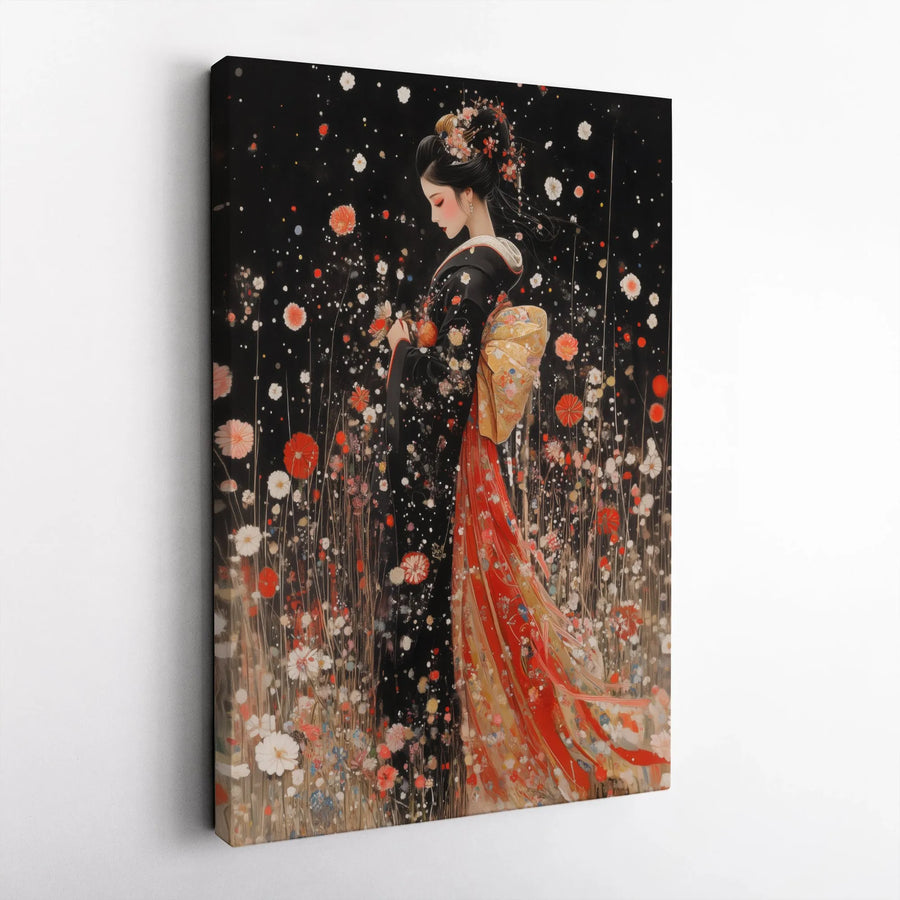 Japanese Geisha Canvas Art | Elegant Floral Kimono Wall Decor | Premium Fade-Resistant Print | Zen Home Office Aesthetic Gift