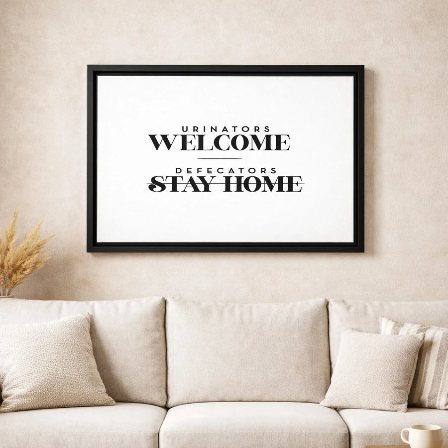 Funny Bathroom Wall Art | Urinators Welcome Defecators Stay Home Typography | 1.25-Inch Premium Gallery Canvas | Humorous Restroom Decor Gift