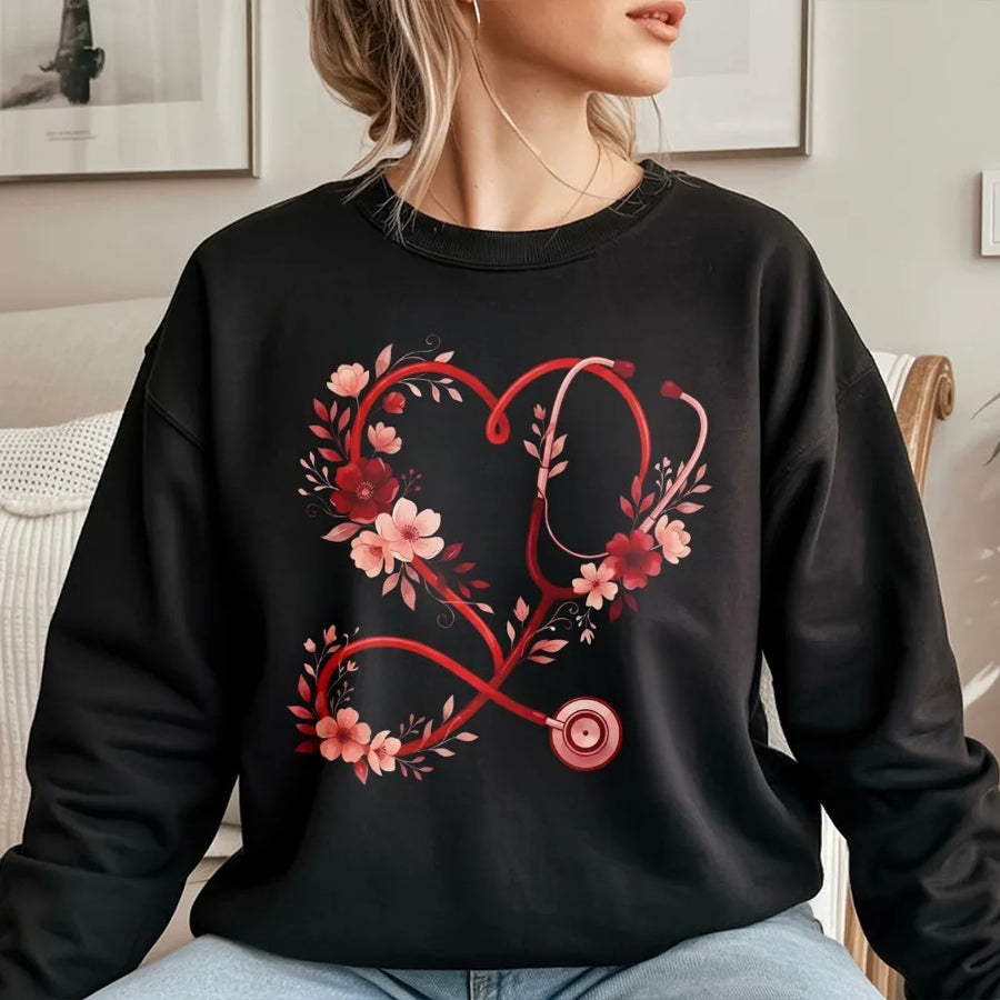 Floral Stethoscope Sweatshirt | Heart Shape Medical Design | Premium Cotton Blend | Valentine Gift for Nurse, Nursing Student, Doctor