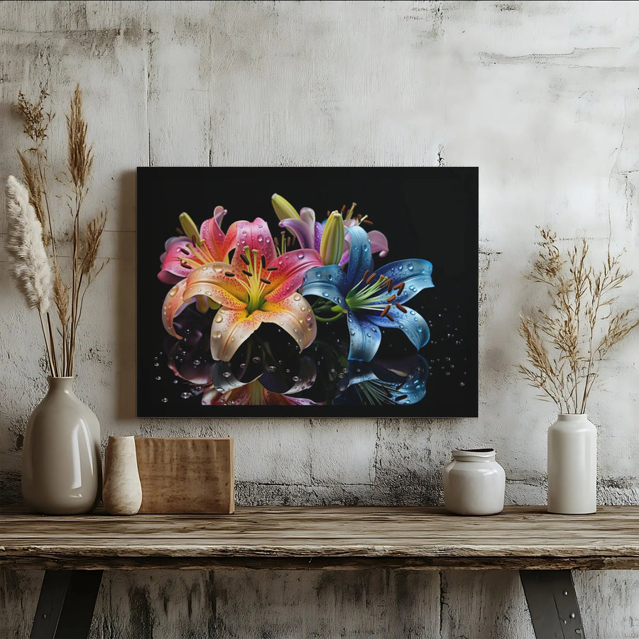 Colorful Lily Flower Canvas Print | Macro Floral Art With Water Droplets | Gallery-Wrapped Premium Decor | Modern Living Room Wall Art