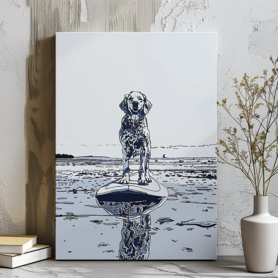 Golden Retriever Surfing Canvas Art | Modern Abstract Dog Portrait | Premium 1.25-Inch Gallery Wrap | Coastal Wall Decor Gift for Dog Lovers