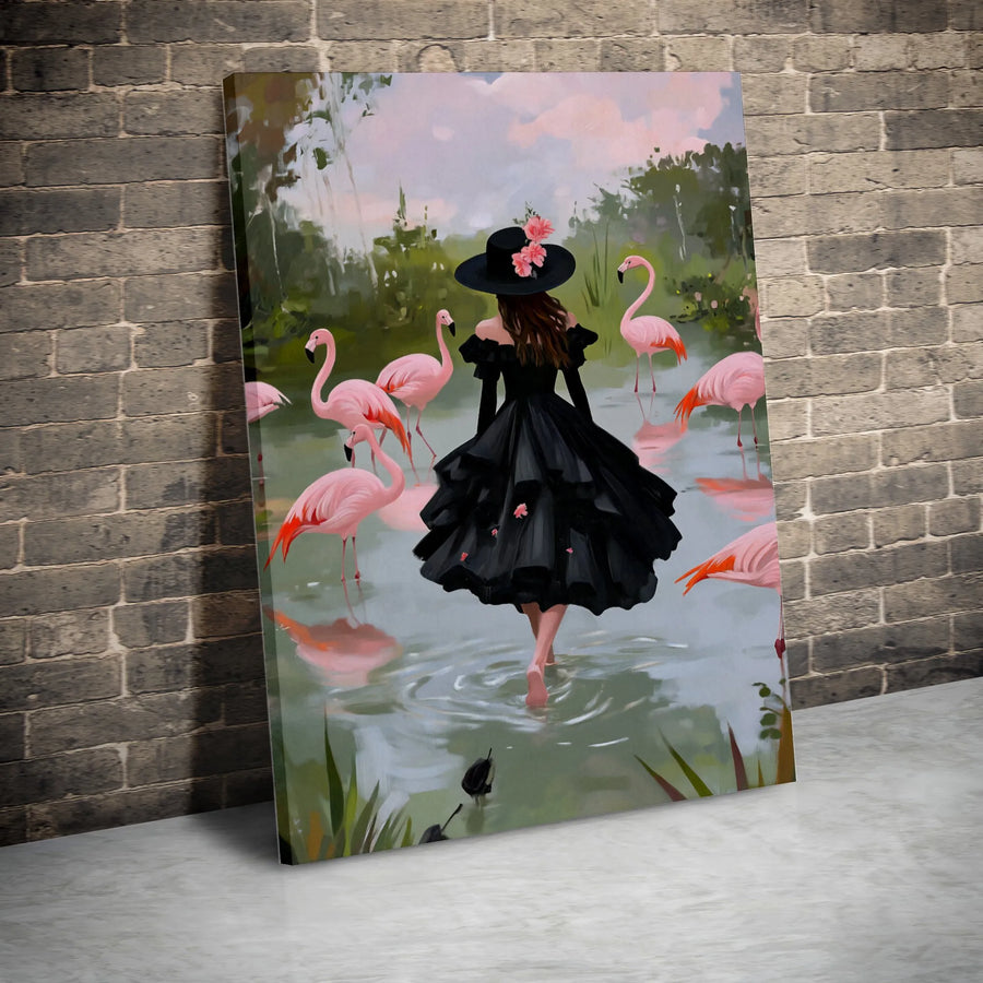 Flamingo Art Print Canvas | Woman in Black Dress Fashion Wall Decor | Gallery Quality 1.25 inch Thick | Whimsical Nature Home Interior Gift