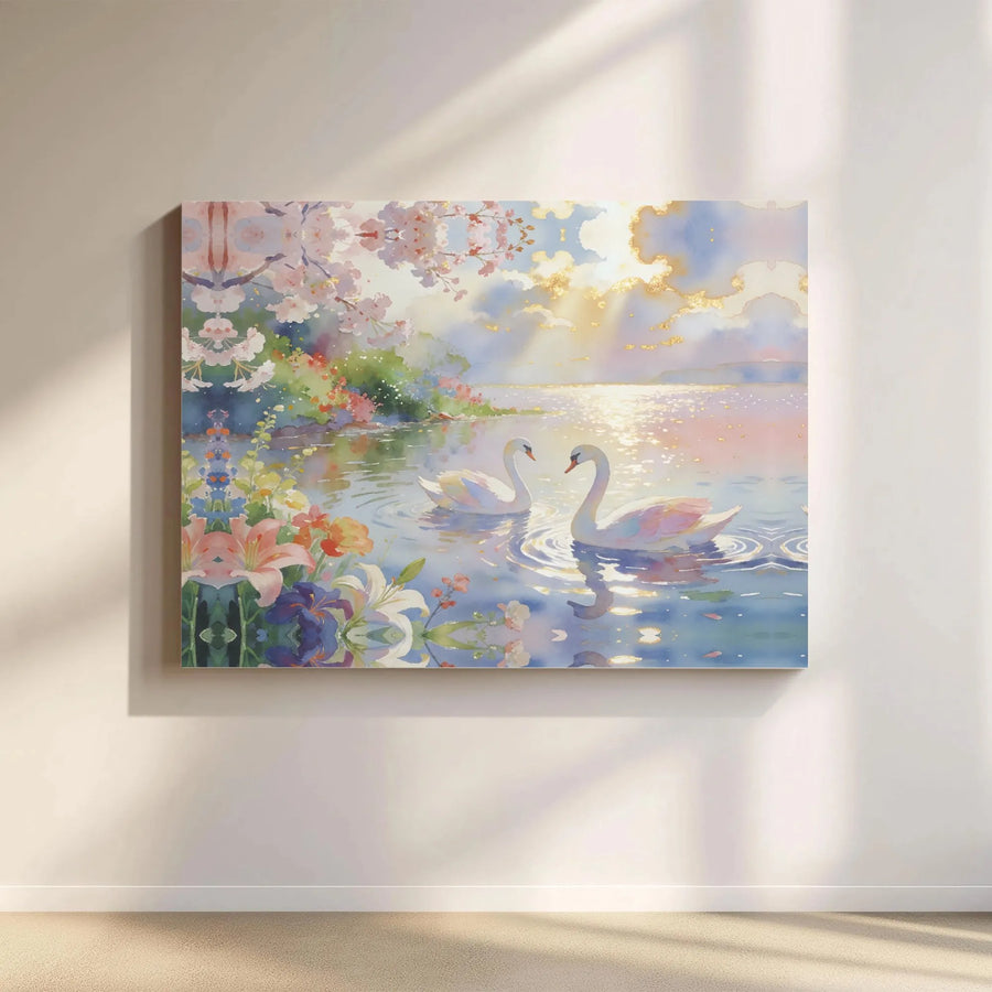 Romantic Swan Canvas Wall Art | Ethereal Watercolor Lake Scene with Flowers | Premium Gallery Wrap Canvas | Bedroom Wall Decor Anniversary Gift