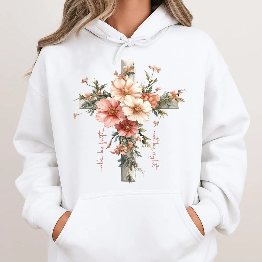 Floral Cross Hoodie | Walk By Faith Inspirational Bible Verse Design | Premium Cotton Blend | Religious Christian Gift For Women