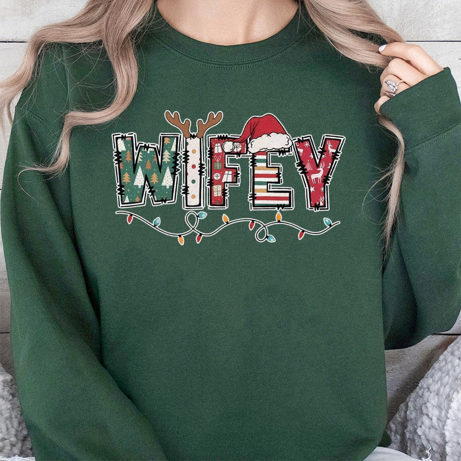 Wifey Christmas Sweatshirt | Festive Holiday Graphic Tee with Santa Hat and Reindeer Antlers | Premium Cotton Blend | Matching Couples Gift