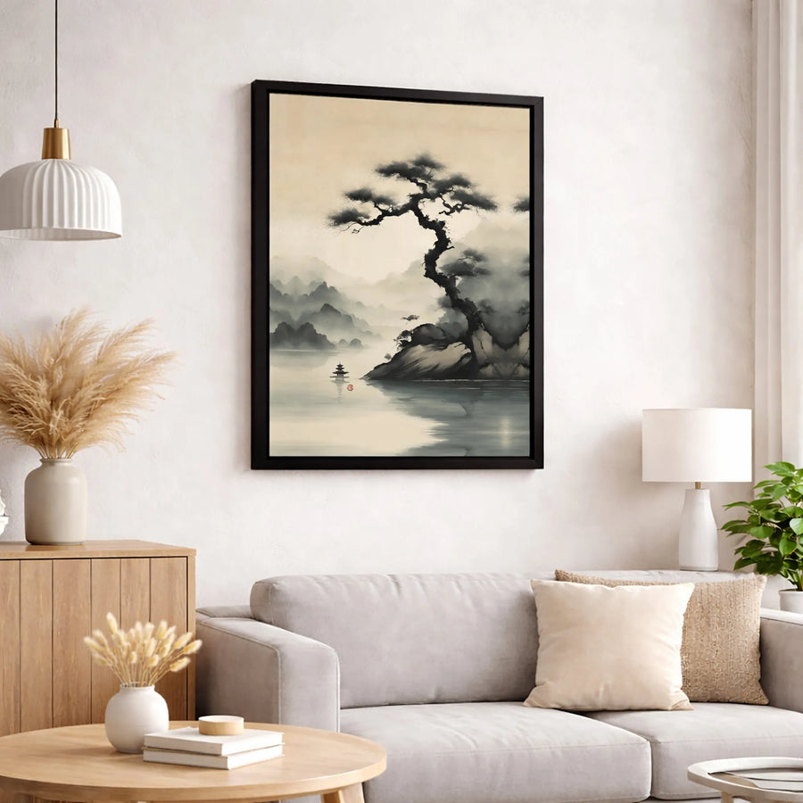 Japanese Ink Wash Painting Canvas | Minimalist Pine Tree & Pagoda Art | Premium Gallery-Wrapped Print | Zen Home Decor Wall Art