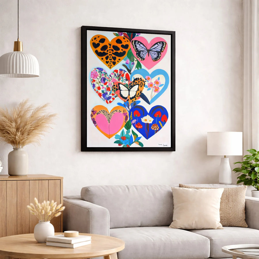 Colorful Heart Canvas Wall Art | Butterfly and Floral Collage Print | 1.25-Inch Gallery-Wrapped | Modern Home Decor Gift