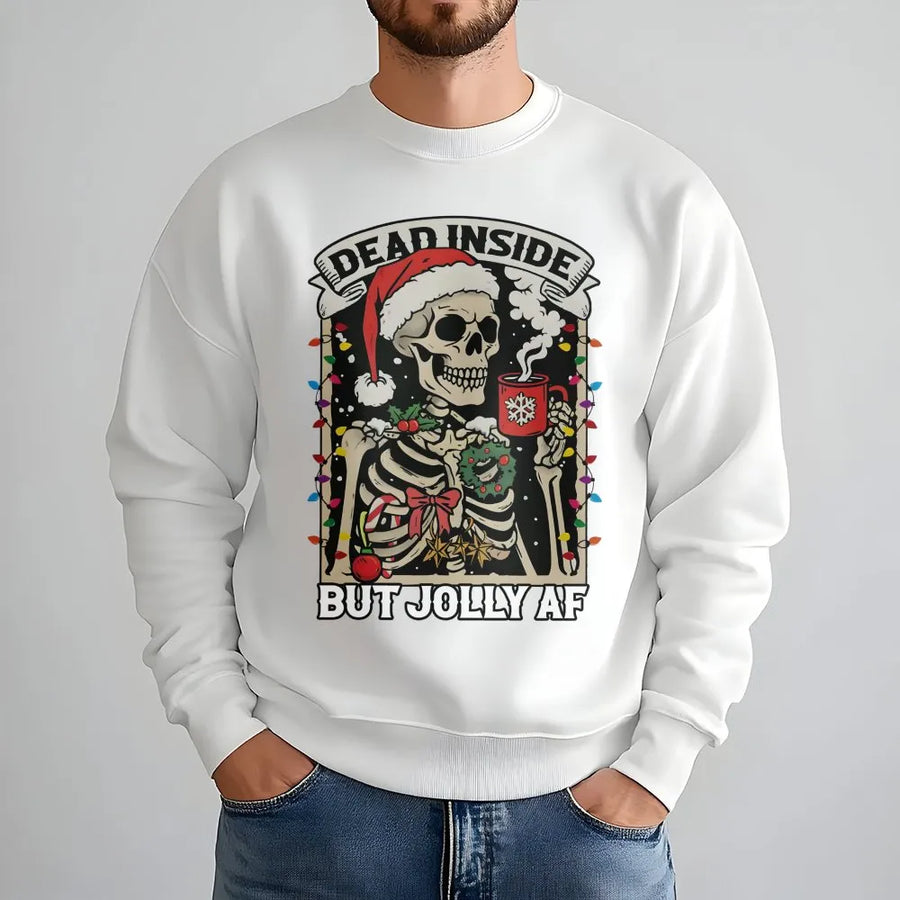 Dead Inside But Jolly AF Christmas Sweatshirt | Funny Skeleton Holiday Graphic | Premium Cotton Blend | Gift for Coffee Lovers & Sarcastic Souls