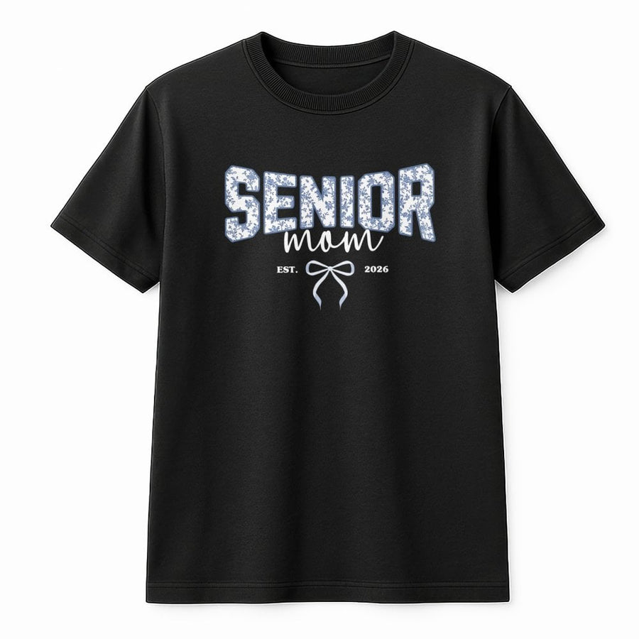 Senior Mom 2026 T-Shirt | Blue Toile Floral Coquette Bow | Premium Soft Cotton Tee | Trendy High School Graduation Gift for Proud Mothers