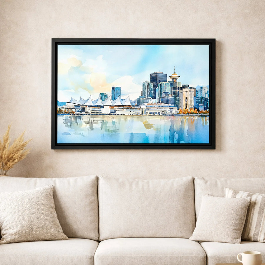 Vancouver Skyline Watercolor Print | Canada Place & Lookout Art | Premium Gallery-Wrapped Canvas | Home Office Decor Gift