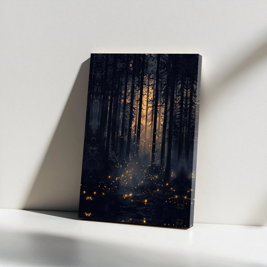 Mystical Forest Canvas Wall Art | Glowing Firefly Sunset Landscape | Premium Gallery Wrapped Wood Frame | Nature Lover Home Decor Gift