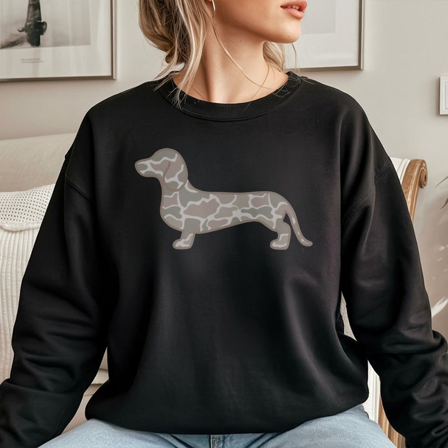 Dachshund Camo Sweatshirt | Duck Camo Wiener Dog Graphic | Premium Cotton Blend | Gift for Doxie Mom and Dad