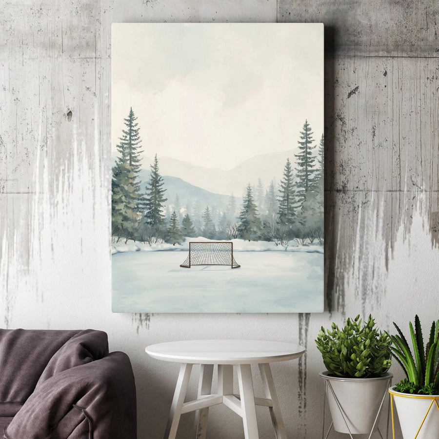 Winter Hockey Pond Canvas Wall Art | Watercolor Forest Landscape with Nostalgic Pond Hockey Scene | Premium Thick Gallery Wrap | Gift for Player, Fan Cave Decor