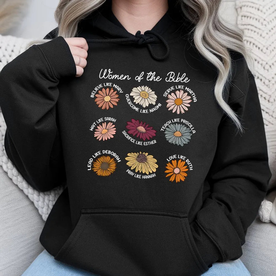 Women of the Bible Hoodie | Christian Faith Daisy Floral Design | Premium Cotton Blend | Religious Gift for Her Bible Study Group