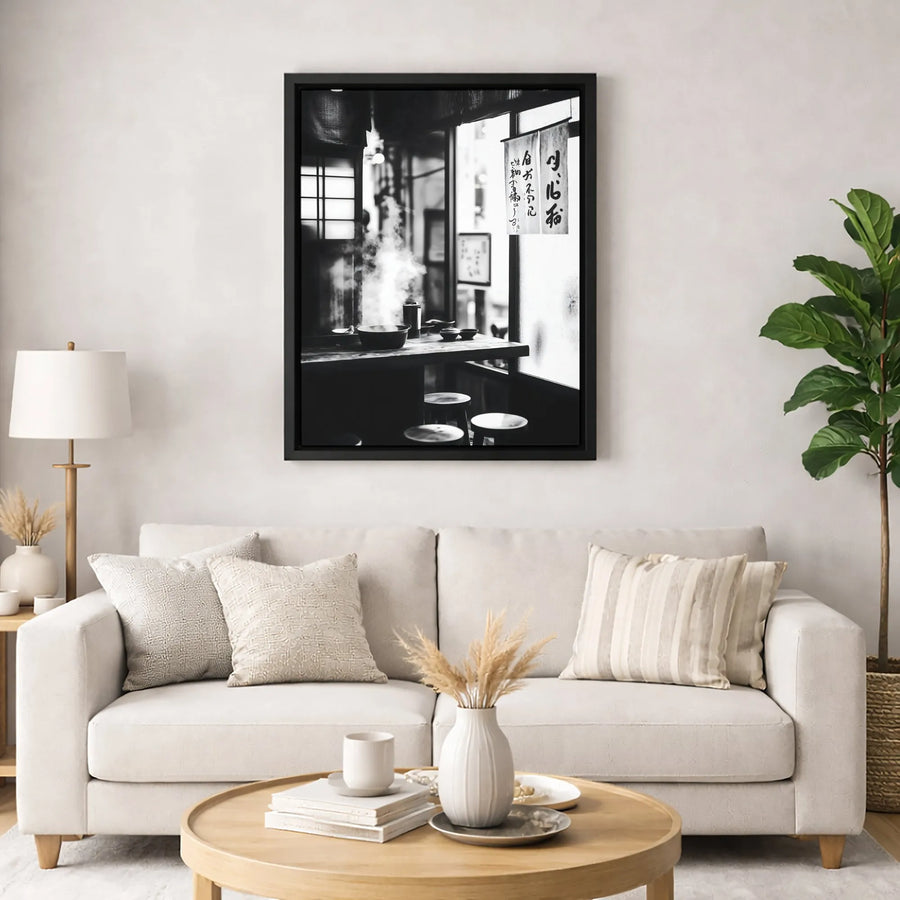 Japanese Ramen Shop Canvas Wall Art | Monochrome Street Food Photography | Premium Gallery-Wrapped 1.25" Profile | Aesthetic Kitchen & Dining Decor