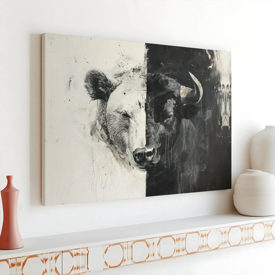 Bull and Bear Canvas Art | Split Face Stock Market Wall Decor | Premium 1.25 Inch Gallery Wrap | Trading Office Gift for Investors