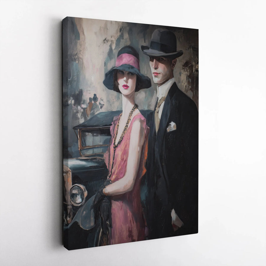 1920s Art Deco Couple Canvas | Roaring Twenties Vintage Car Wall Art | Premium Fade-Resistant Gallery Print | Elegant Retro Decor Gift