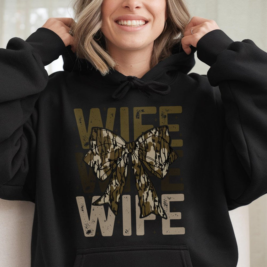 Wife Camo Bow Hoodie | Rustic Country Style Graphic Sweatshirt | Premium Cotton Blend | Gift for Her Hunting Wife Aesthetic