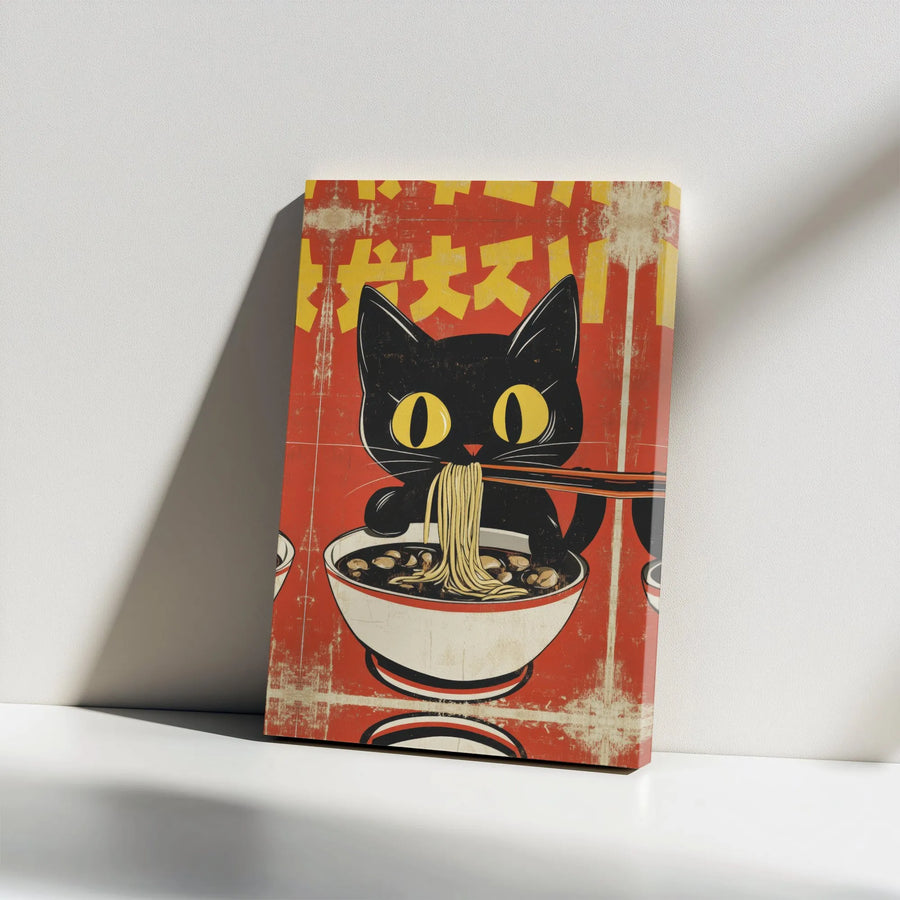 Black Cat Ramen Canvas Art | Vintage Japanese Poster Style Print | Premium 1.25-Inch Gallery Wrap | Cute Kitchen Decor Gift for Cat Lovers
