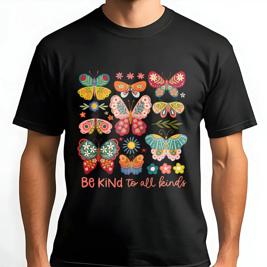 Be Kind To All Kinds Butterfly Shirt | Boho Folk Art Graphic Tee | Soft 100% Cotton | Inspirational Kindness Gift for Women