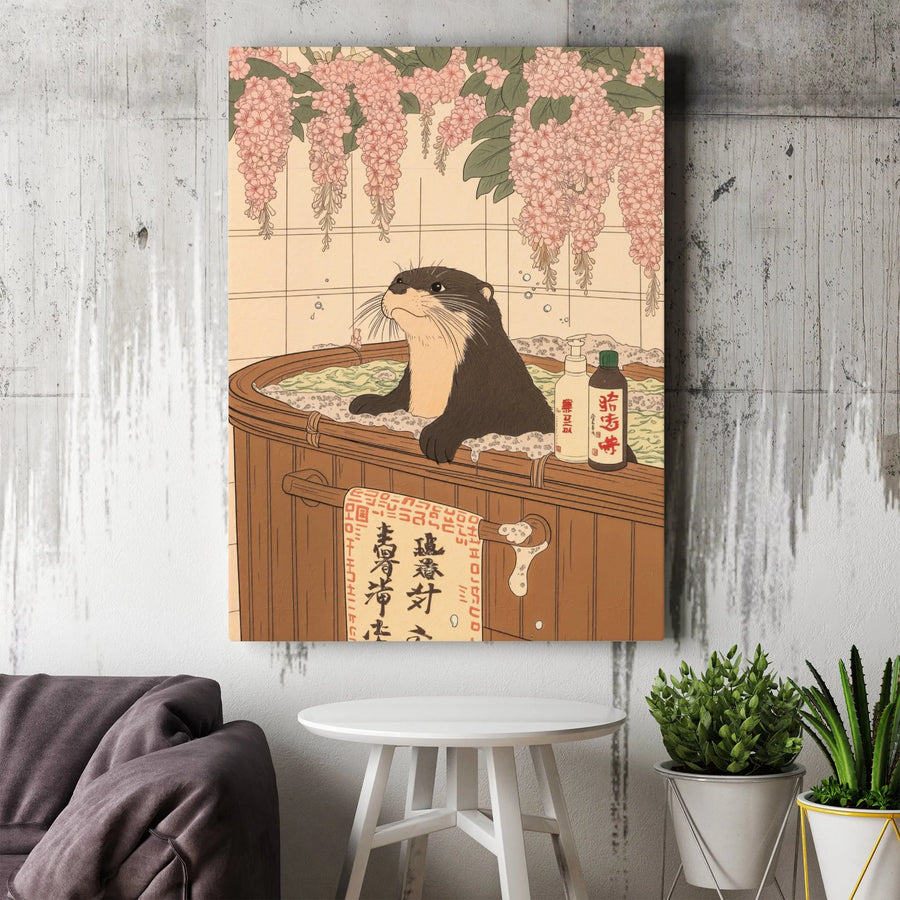 Japanese Otter Art Vertical Canvas | Ukiyo-e Style Otter in Onsen Bath | Premium Gallery Wrapped Canvas | Funny Bathroom Wall Art Gift for Animal Lover