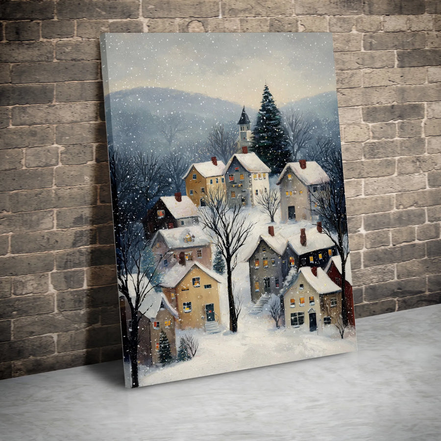 Winter Village Canvas Wall Art | Snowy Mountain Town Landscape | Premium Fade-Resistant Gallery Wrap | Cozy Holiday Home Decor Gift