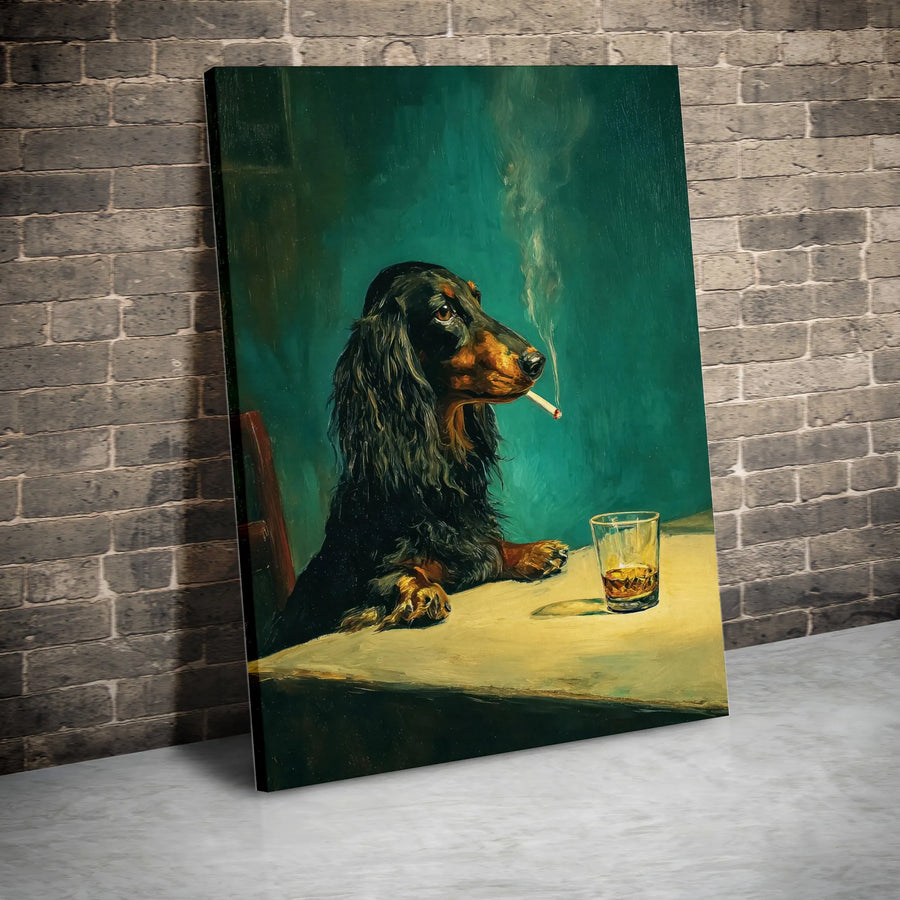 Dachshund Smoking Canvas Print | Vintage Painting Style Whiskey Drinking Dog | Premium Thick Gallery Wrap | Unique Bar Cart Art & Gift for Dachshund Owner