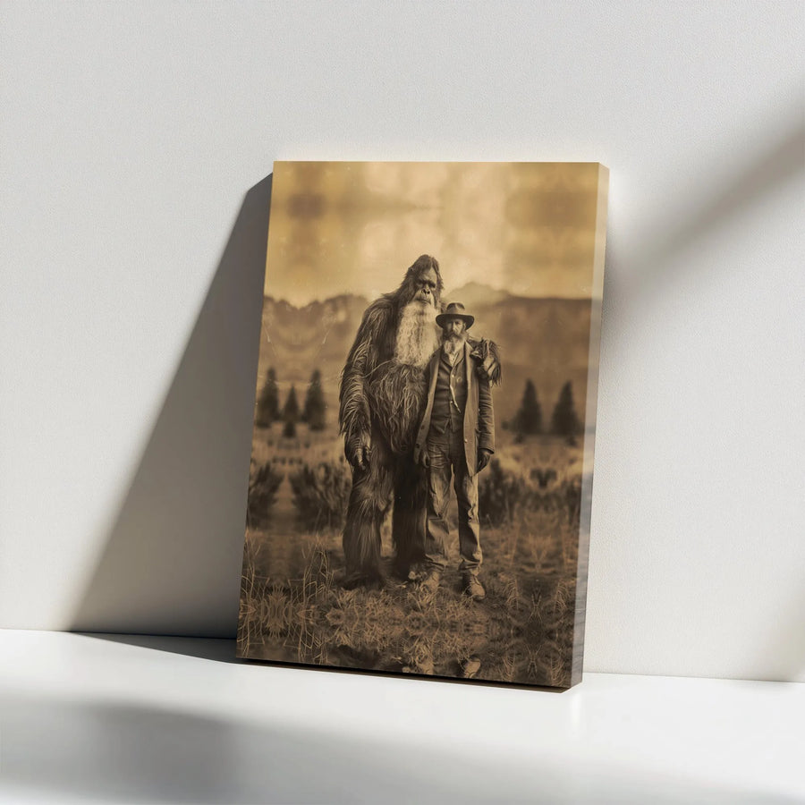 Bigfoot Canvas Wall Art | Vintage Sasquatch and Man Photo | Premium Gallery Wrapped Canvas | Collector's Gift for Cryptozoology Fan