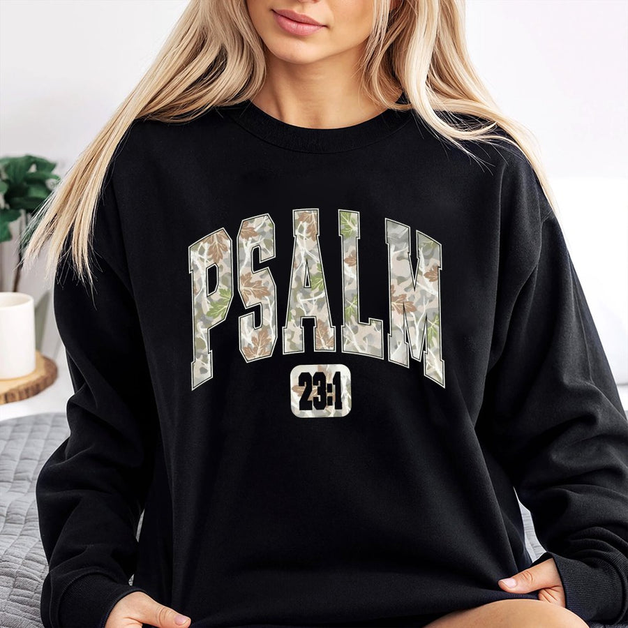 Psalm 23 Sweatshirt | Christian Camo Aesthetic Varsity Lettering | Premium Cotton Blend Crewneck | Religious Gift for Men and Women