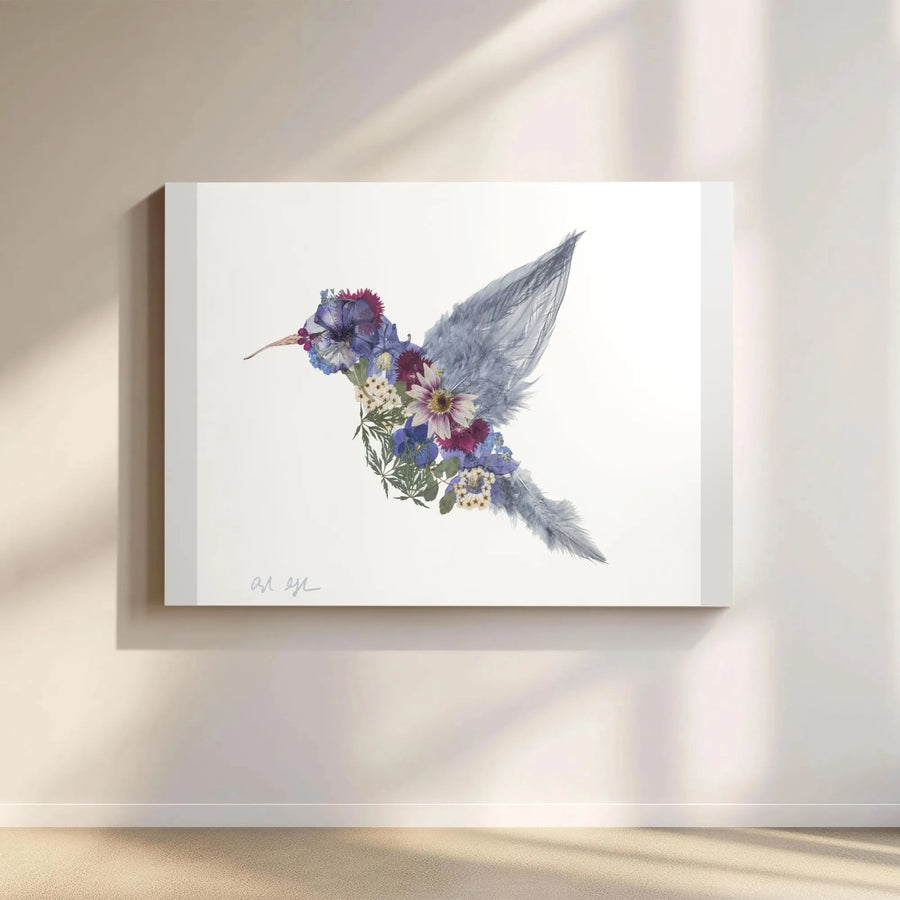 Hummingbird Canvas Wall Art | Pressed Floral Collage Design | Premium 1.25" Thick Gallery Wrap | Collector's Gift for Nature Lover