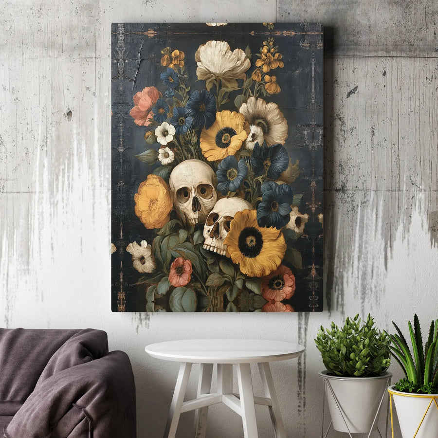 Skull Floral Bouquet Canvas Wall Art | Dark Academia Still Life Painting | Premium Gallery Wrap Print | Gothic Home Decor Gift