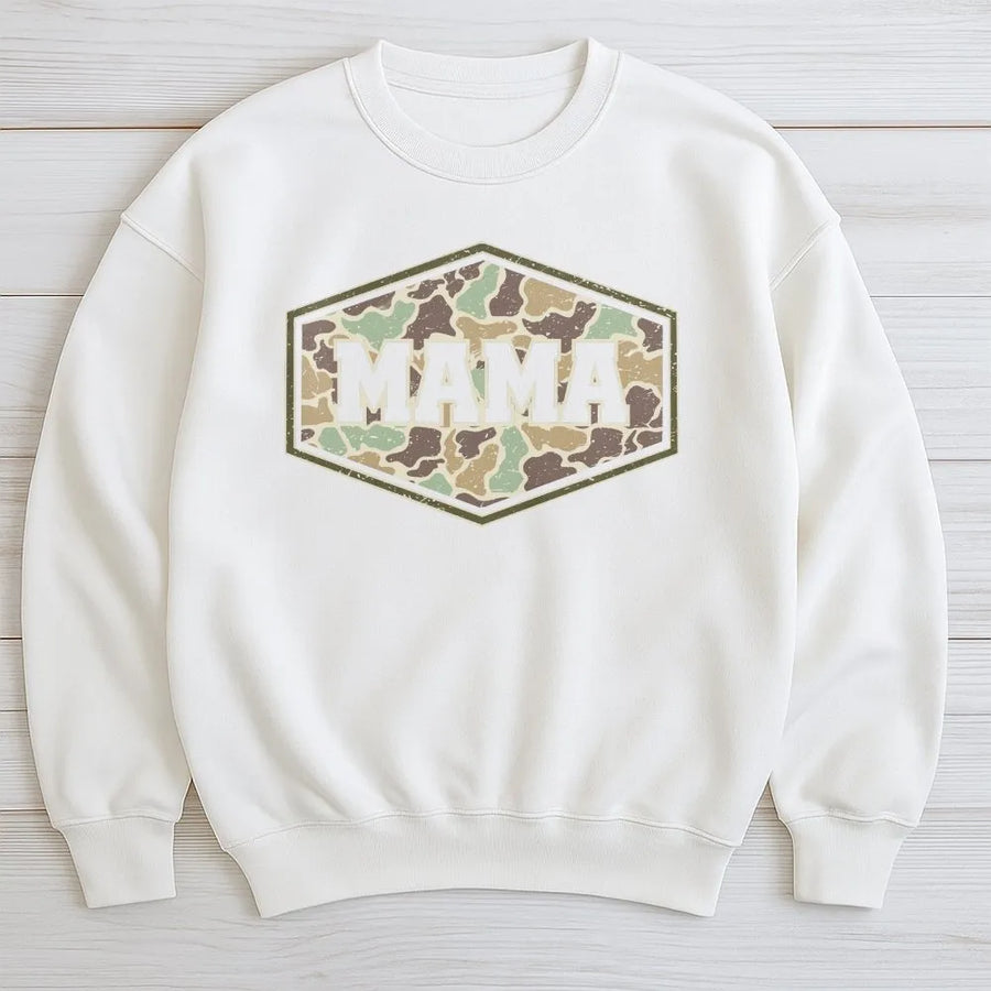 Mama Camo Sweatshirt | Retro Duck Camo Varsity Design | Cotton-Poly Blend Premium Comfort | Hunting Mom Gift Idea