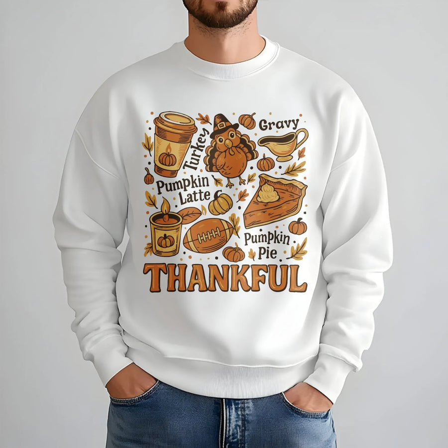 Thankful Thanksgiving Sweatshirt | Retro Fall Pumpkin Latte Turkey Graphic | Premium Cotton Blend | Cozy Autumn Gift For Women And Men