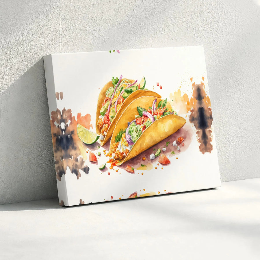 Taco Wall Art Canvas | Watercolor Mexican Food Kitchen Decor | Gallery Quality Premium Print | Vibrant Dining Room Gift For Foodie