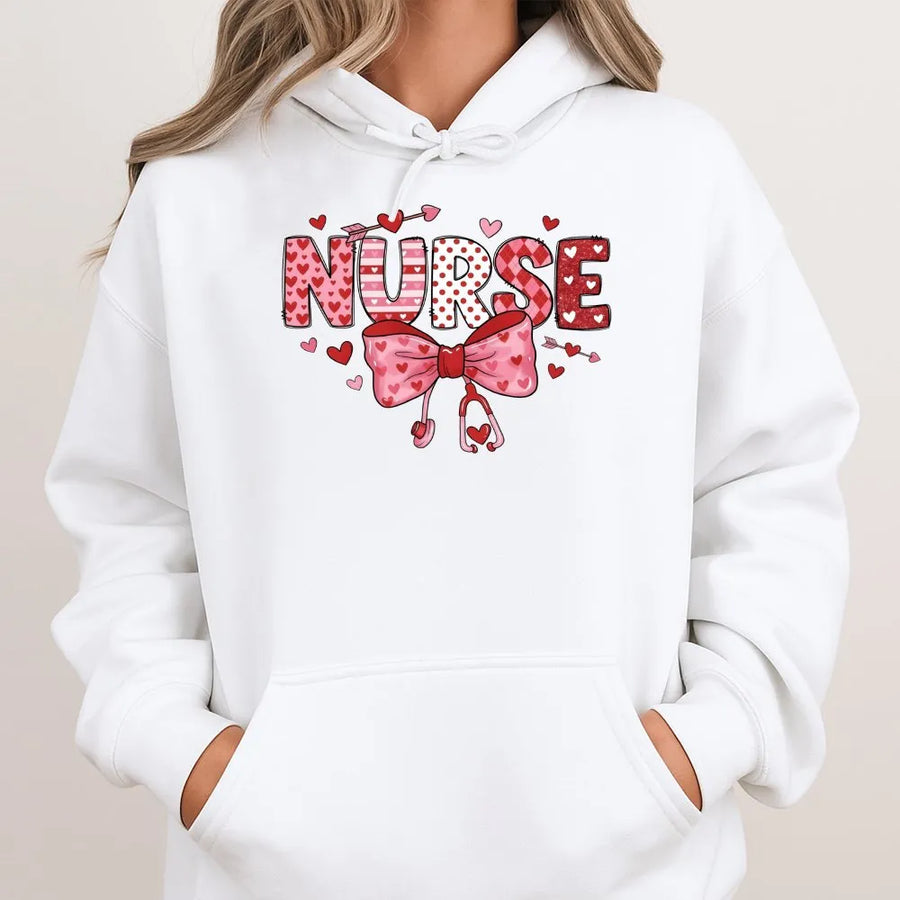 Valentine Nurse Hoodie | Pink Coquette Bow Stethoscope Design | Soft Cotton Blend Sweatshirt | Cute Valentines Day Gift for Nurses and Students
