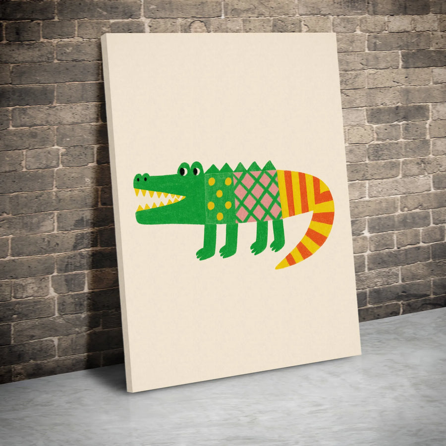 Colorful Alligator Canvas Art | Playful Patterned Crocodile Illustration | Premium Canvas Print | Nursery & Kids Room Decor Gift