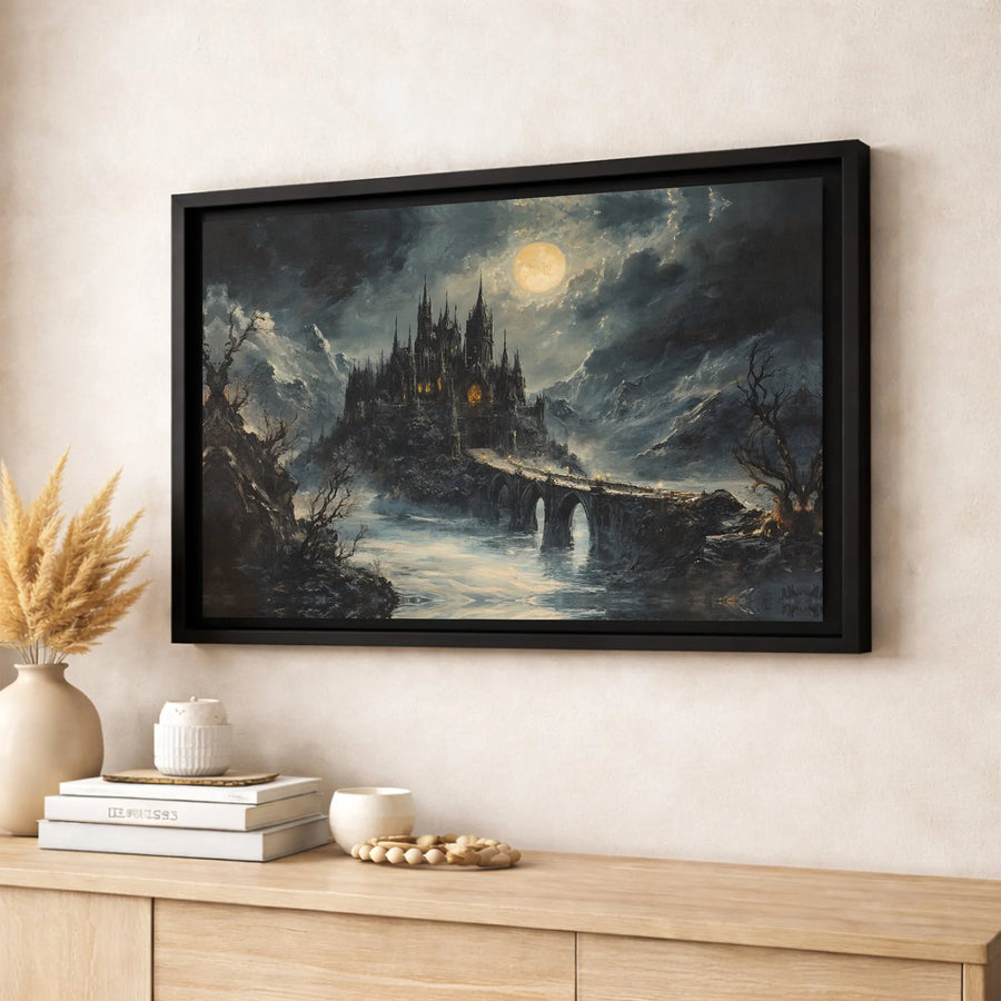 Gothic Castle Canvas Wall Art | Moody Full Moon Landscape Print | Gallery-Quality 1.25" Profile | Dark Academia Home Decor Gift