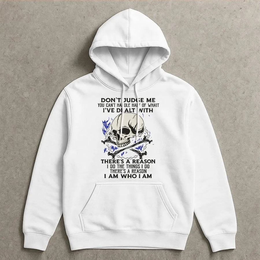 Skeleton Graphic Hoodie | Don't Judge Me Quote Design | Cotton-Blend Premium Streetwear | Unisex Gift for Men and Women