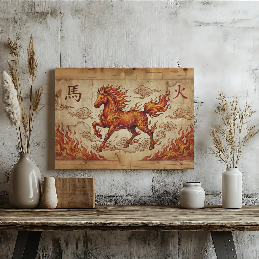 Fire Horse Wall Art | Chinese Zodiac Year of the Horse Canvas | Premium Gallery Wrap Decor | Mythical Animal Home Office Gift