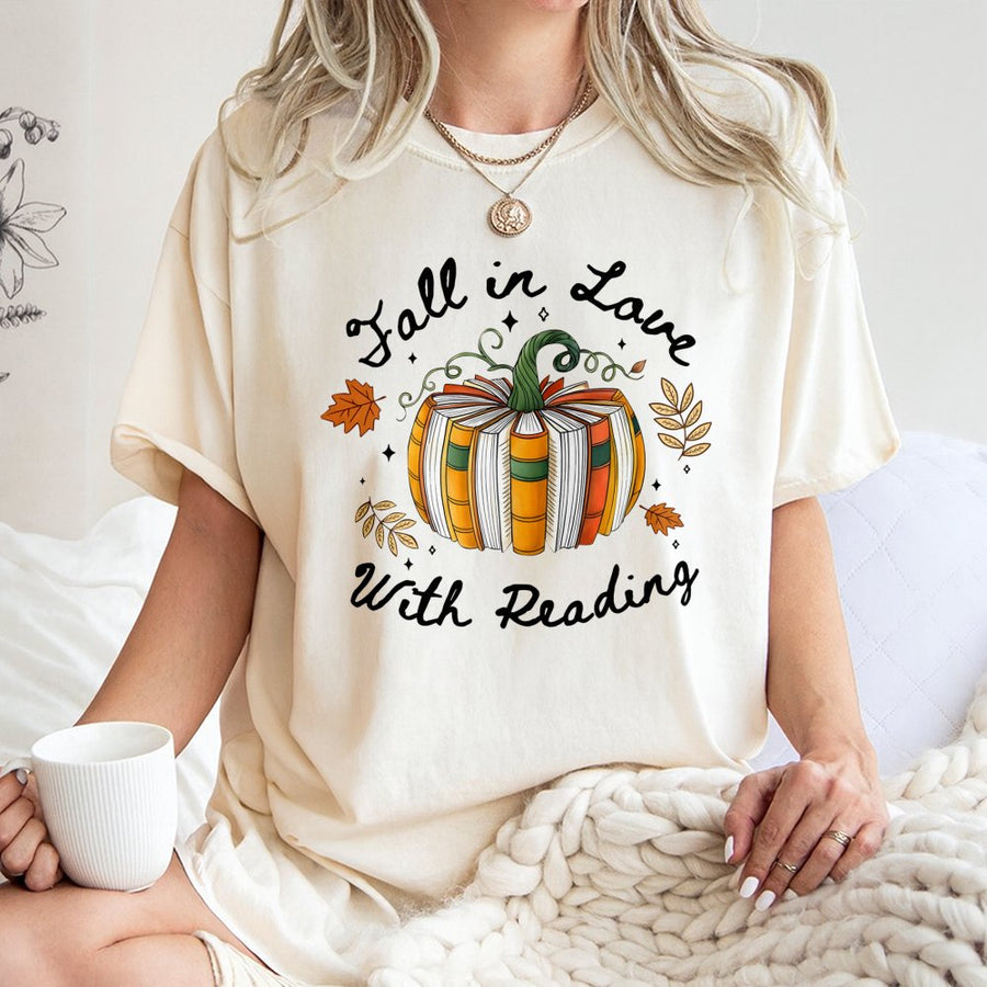 Fall In Love With Reading T-Shirt | Pumpkin Book Stack Graphic | Premium Soft Cotton Tee | Autumn Librarian Reader Gift Idea