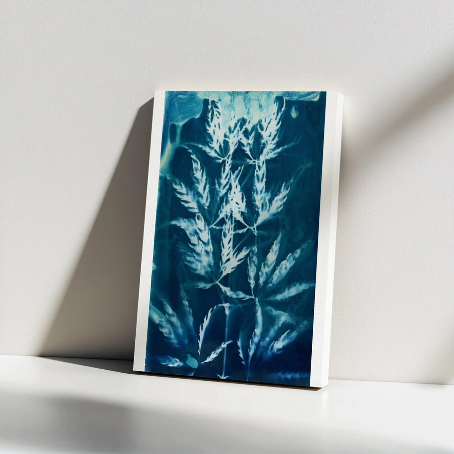 Cannabis Cyanotype Canvas Print | Blue Botanical Leaf Art | Premium Thick Gallery Wrap | Modern Stoner Room Decor Gift