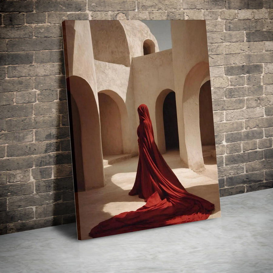 Mysterious Red Figure Vertical Canvas | Abstract Architectural Wall Art | Premium Gallery Wrapped Canvas | Modern Home & Office Decor Gift