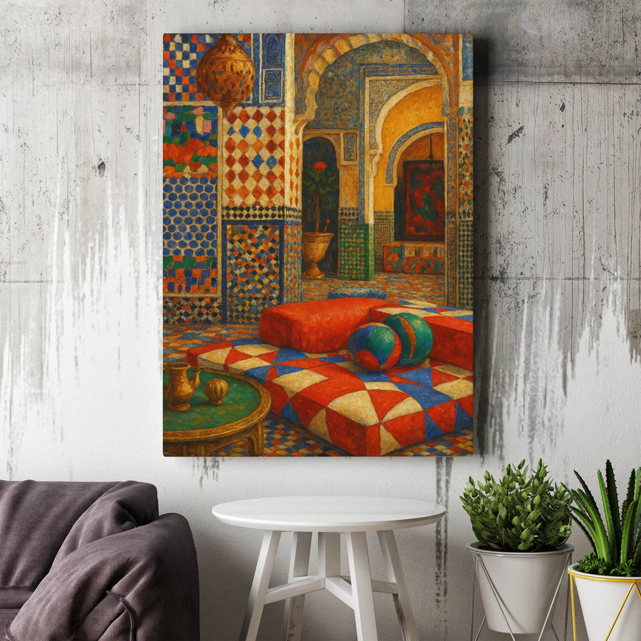 Moroccan Riad Canvas Wall Art | Intricate Zellij Tilework Painting | Premium Fade-Resistant Canvas | Bohemian Home Decor Gift