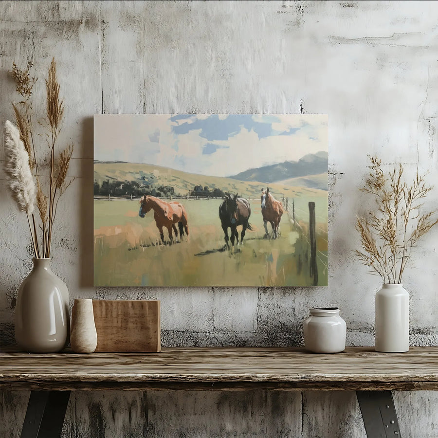 Three Horses Canvas Wall Art | Rustic Pasture Landscape Painting | Premium Gallery Wrapped Print | Western Farmhouse Decor Gift