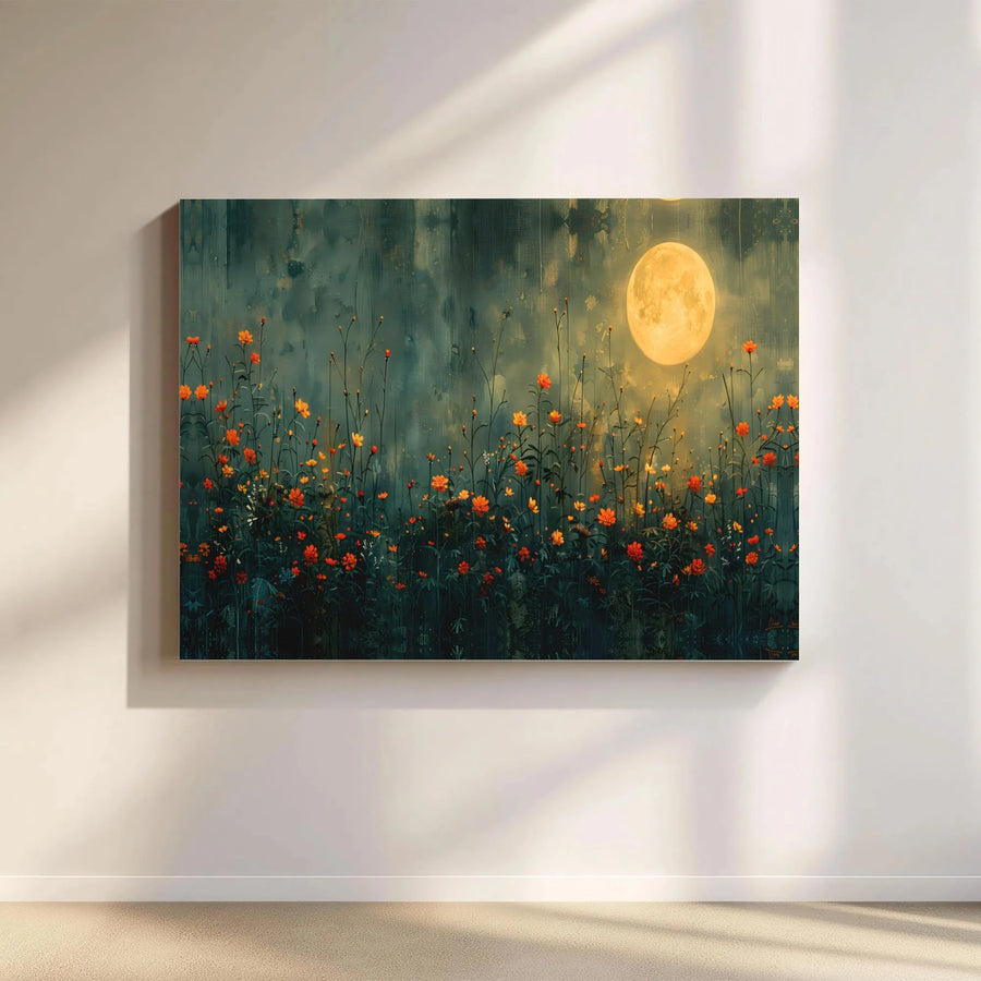 Full Moon Wildflower Canvas Print | Moody Dark Floral Landscape Wall Art | Gallery Wrapped Premium Quality | Nature Lover Home Decor Gift