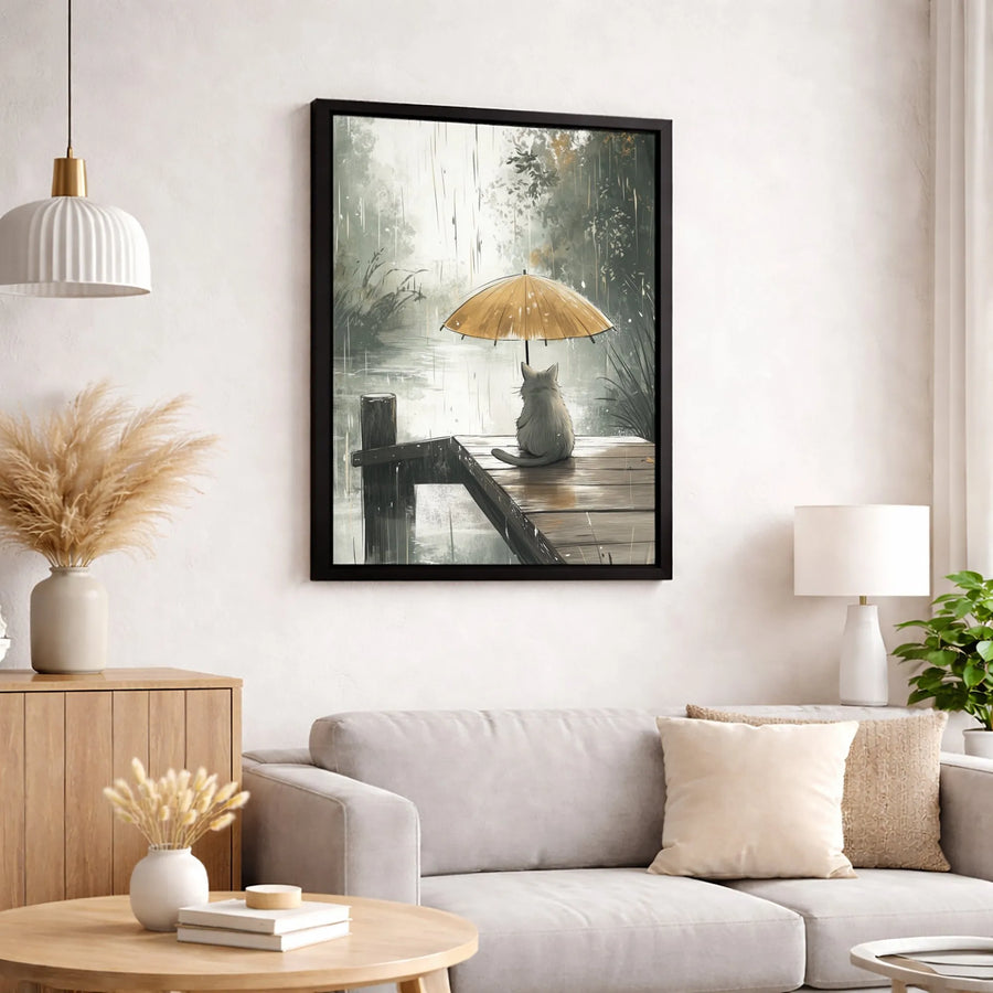 Rainy Day Cat Wall Art | Yellow Umbrella Aesthetic Canvas | Premium Fade-Resistant Print | Cozy Home Decor Gift for Cat Lovers