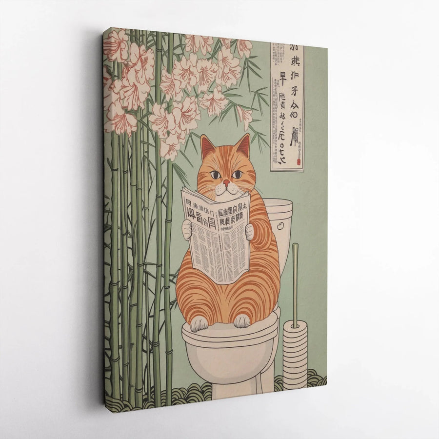 Japanese Ukiyo-e Cat Wall Art | Funny Bathroom Decor Reading Newspaper | Premium Stretched Canvas Print | Quirky Gift for Cat Lovers