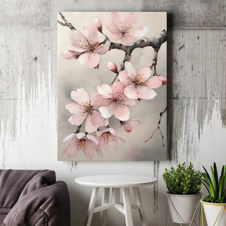 Cherry Blossom Vertical Canvas Print | Watercolor Sakura Branch Art | Premium Gallery Wrapped Canvas | Zen Home Decor Gift for Living Room