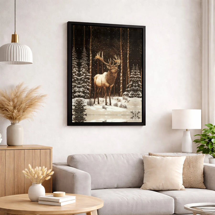 Majestic Elk Wall Art | Snowy Winter Forest Landscape | Premium Gallery Canvas | Nature Lover Home Decor Gift